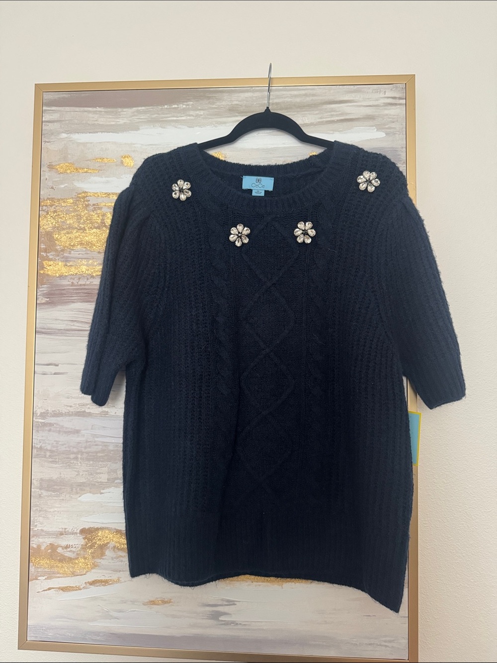 6/14 CeCe Black Short-Sleeve Cable Knit Sweater with Floral Jewel Accents XL